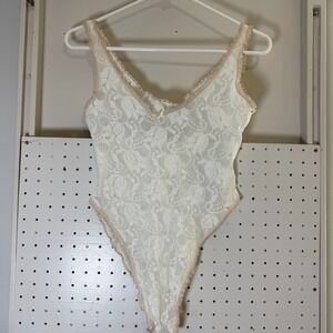 Vintage Myonne One-Piece Women's Medium White Floral Nylon Teddy Lingerie